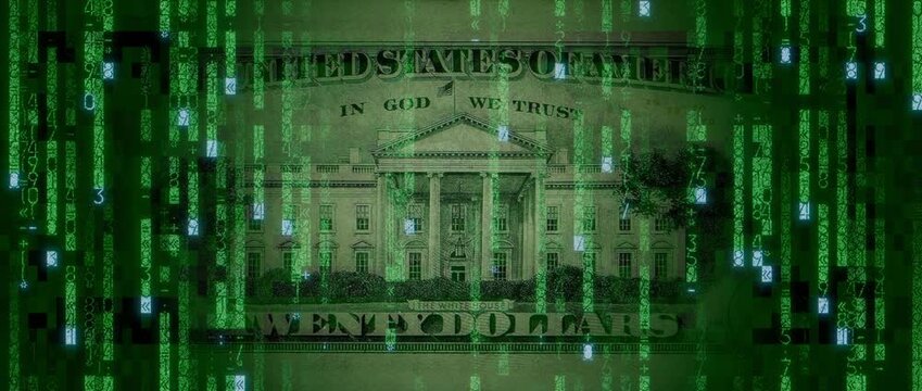 Electronic Currency Concept with Twenty Dollar Bill made from Animated Numbers and Symbols. Blockchain Finance Wallpaper.