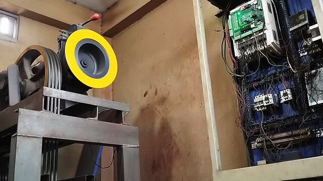 Elevator motor with yellow pulley and control panel