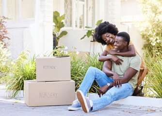 Boxes, happy and couple outdoor for new house, moving or real estate with hug and love. Smile,...