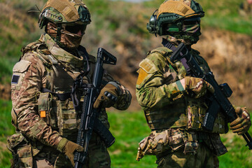Fototapeta premium Modern Russian soldiers during training at the training ground