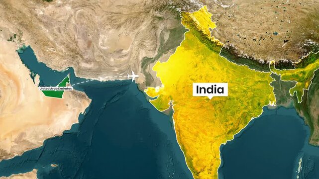 An airplane flies from the United Arab Emirates to India on a satellite map