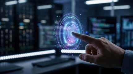 Fototapeta premium Finger Pressing a Glowing Digital Virus