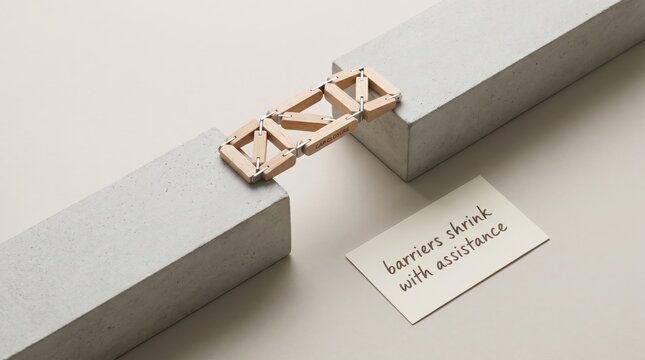 Wooden bridge connects concrete blocks with assistance note