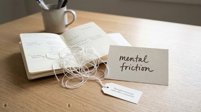 Mental Overload concept, messy string on notebook and tag