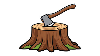 Axe stuck in a tree stump with roots and grass, tree trunk © Sadia