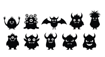 Obraz premium Set of ten unique black monster silhouettes with different shapes, eyes, and features against a white background.