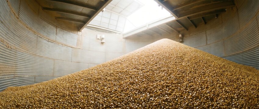 Inside grain silo interior featuring a massive pile of harvested agricultural crop stored against corrugated metal walls
