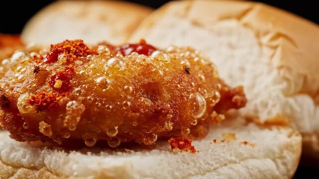 Macro shot of a golden fried vada pav with spicy chutney, a classic mumbai street food favorite.