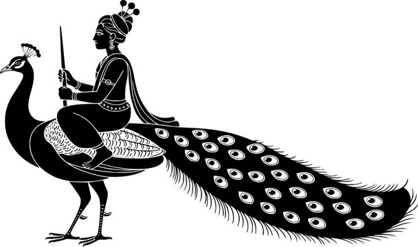Lord Kartikeya Murugan Riding Peacock Black and White Illustration &mdash; Hindu God of War with Vel Spear Traditional Silhouette Vector for Poster and Decoration