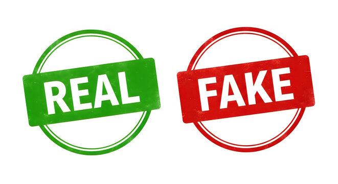 A green checkmark seal labeled 'real' and a red cross sign labeled 'fake' on contrasting backgrounds, symbolizing authenticity and deception