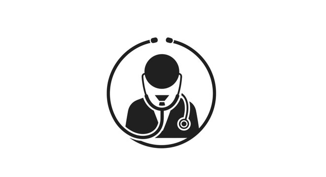 Medical professional with stethoscope logo.