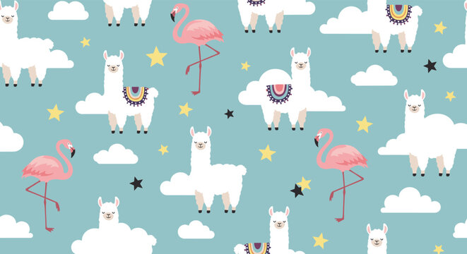 Sweet seamless pattern with white llamas, pink flamingos, yellow stars, and white clouds over a muted teal background.