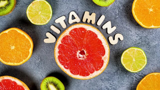 stop motion flat lay of rotating red grapefruit slice with text vitamins and citrus fruits background, seamless loop footage