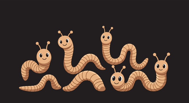 Group of friendly brown earthworms with cute faces crawling together on a solid black background in a simple flat illustration style.