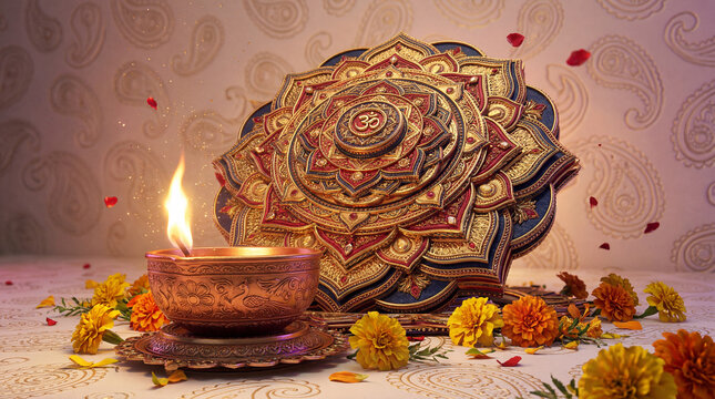 3D ornate metallic mandala with Om symbol burning brass diya lamp and marigold flowers background