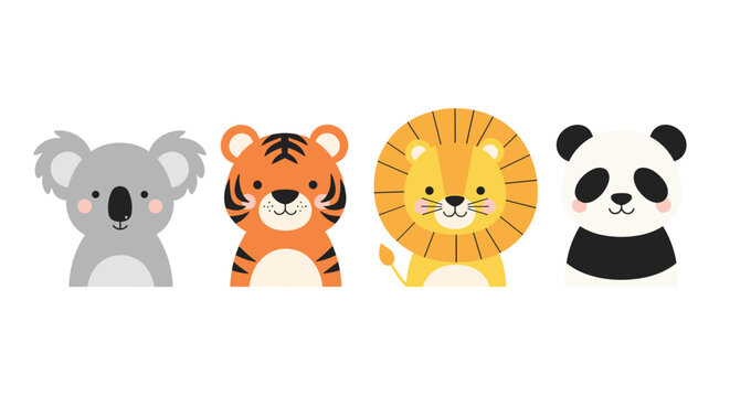 Set of four diverse animal heads including a koala, tiger, lion, and panda arranged in a row with friendly expressions on a white background.