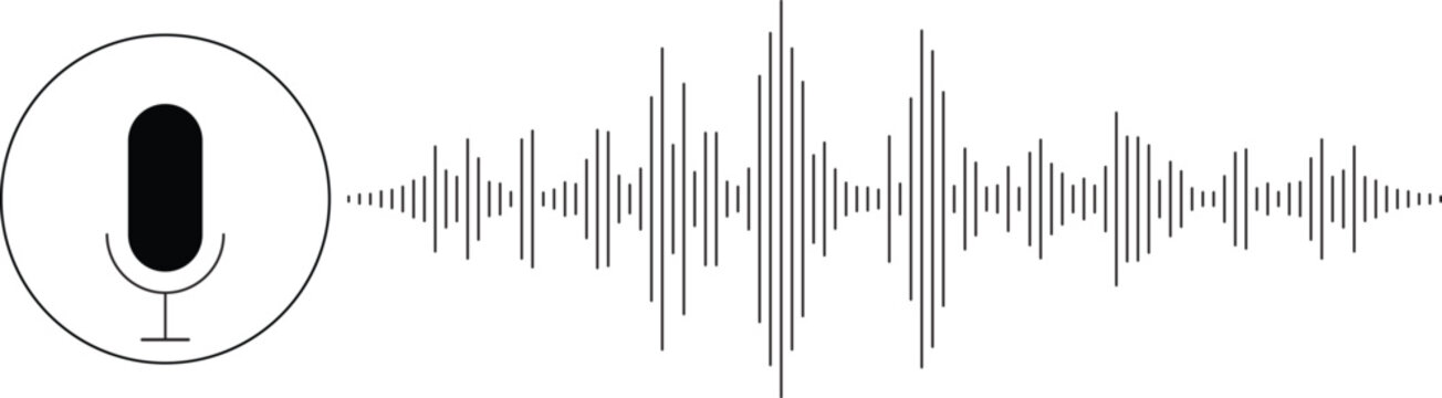 A simple black and white illustration of a microphone with a voice wave