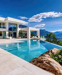 Fototapeta premium Modern luxury villa featuring infinity pool and spectacular mountain views under clear sky