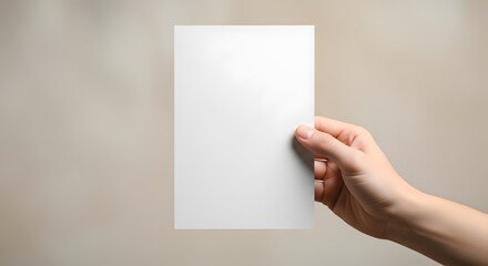 Obraz premium A hand holding a blank white rectangular card against a neutral beige wall simple studio shot