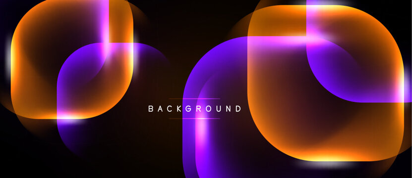 Abstract design features rounded squares, vibrant orange, purple hues. Dark background emphasizes glowing layers, creating modern aesthetic.