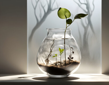 Small plant in round glass bowl, dramatic branch shadows, white background