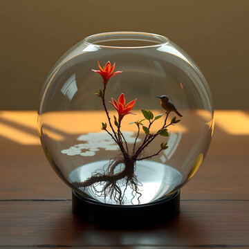 Small bird on flowering branch inside glass bowl, warm amber light