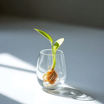 Seedling with tangled roots growing in glass, fragile life concept