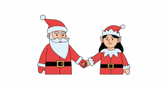 Festive friends, Santa and elf holding hands in joyful celebration