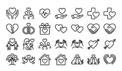 Fototapeta premium Heart Care and Love Line Icons Set Editable Stroke Minimal Outline Romance Charity Symbols Vector