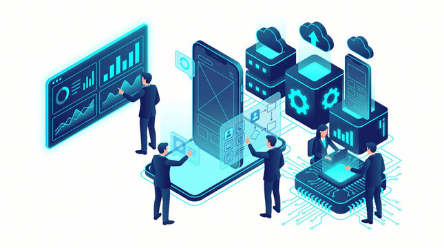 Isometric Illustration of Mobile App Development and UI UX Interface Design Concept