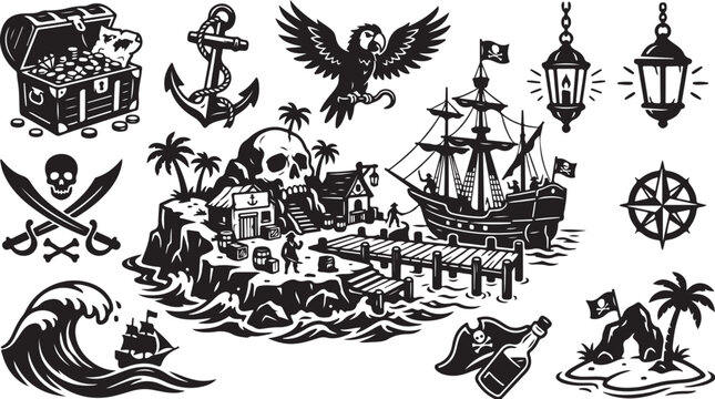 Pirate Island Treasure Map Vintage Illustrations Set Black