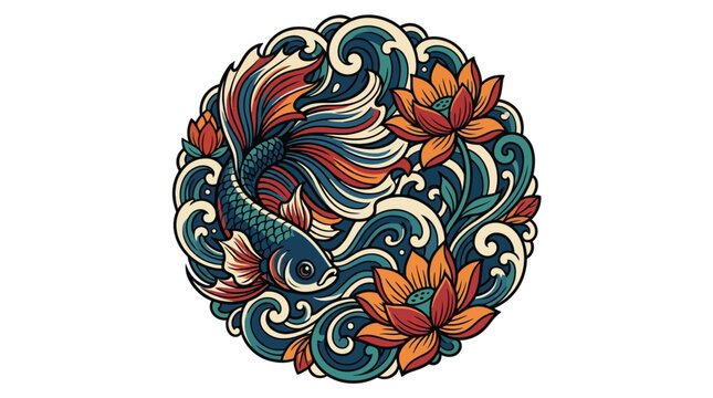 Betta Fish Swimming Among Lotus Flowers and Water Waves, Circular Japanese Art Style