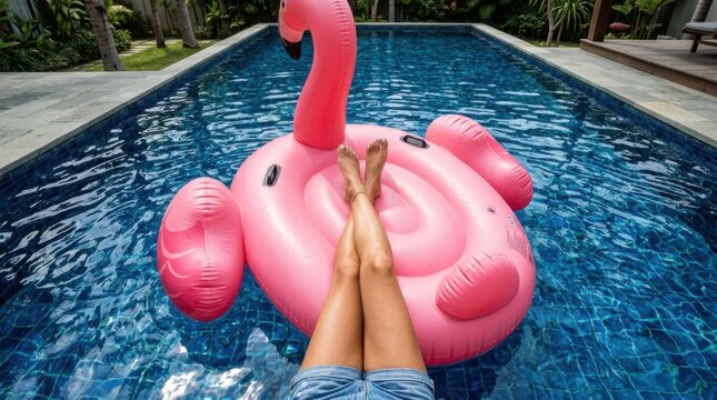 Woman relaxing on pink flamingo float in swimming pool