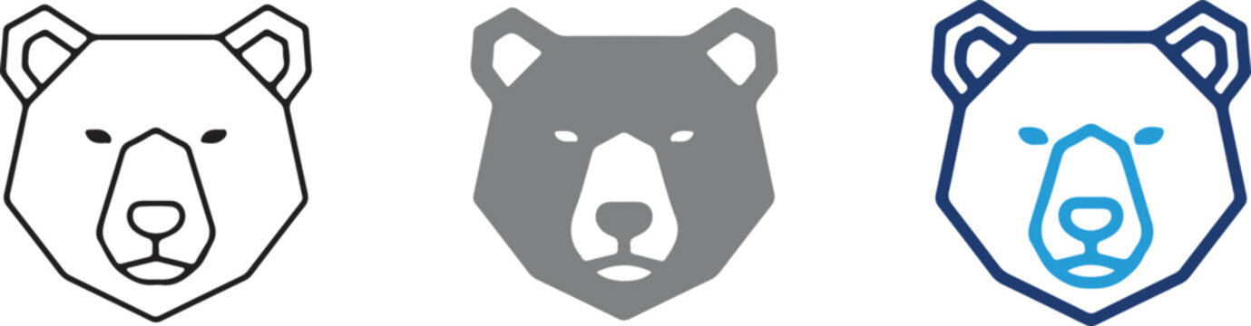 Geometric bear head icon set with line art, solid silhouette, and blue color variations. Minimalist wild animal face symbols for logo and mascot design.