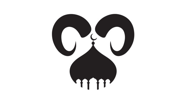 Black silhouette of ram horns with crescent moon and mosque dome on white background for religious or cultural symbol concepts