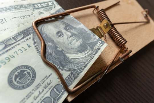 Dollar banknotes in a mouse trap as a bait. Money, finance and scam concept.