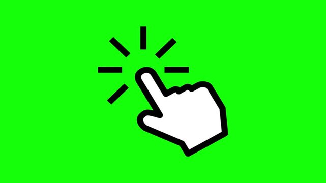 Animated click here button and hand cursor icon set on a green screen background for web use.