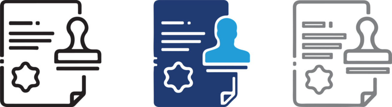 Approved legal document vector icon set with rubber stamp and profile badge line art illustration isolated on transparent background
