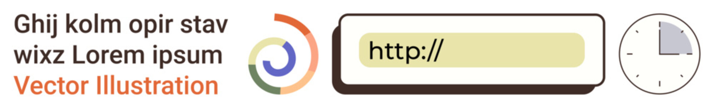 Web navigation, online processes, technology, internet usage, digital loading, time tracking. a browser URL bar, a circular loading icon and a clock. Web navigation and online processes concept