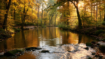 Obraz premium A beautiful autumn river flows through a vibrant forest park with colorful trees reflecting in the calm water under a blue sky