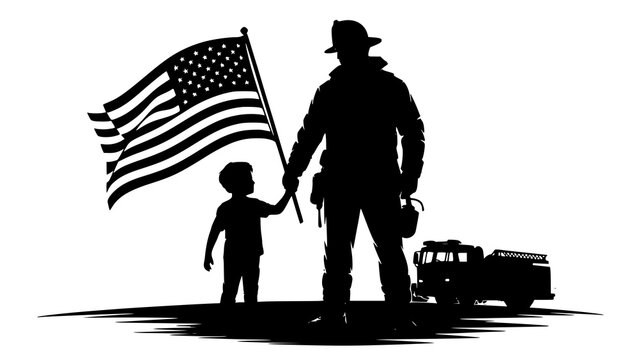 Silhouette of firefighter and child holding american flag with fire truck, memorial day