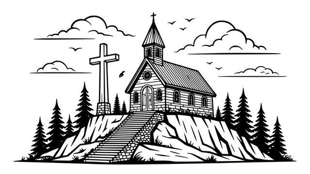 Church on hill with steep stairs and large cross line drawing line art building