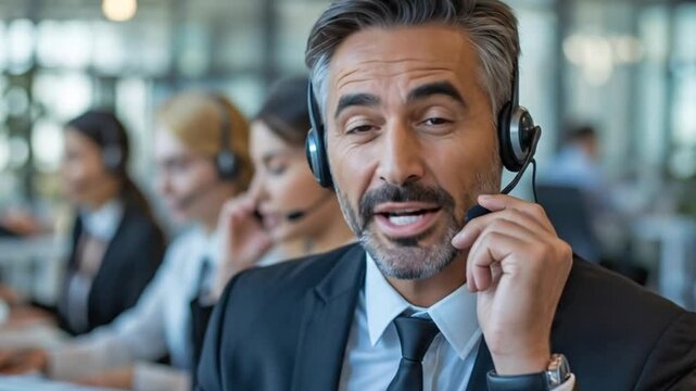 a confident middle-aged customer support executive in a modern corporate office, wearing a black suit, white shirt, and tie, speaking through a wireless headset while smiling warmly at the came