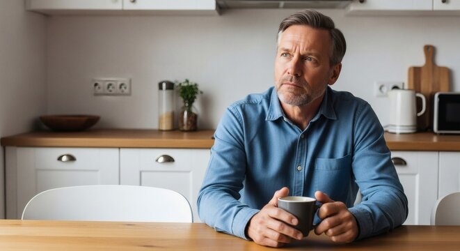 Middle aged man in blue shirt sitting at kitchen table holding coffee mug looking thoughtful and pensive with a concerned expression indoor