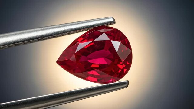 Red gemstone held by tweezers