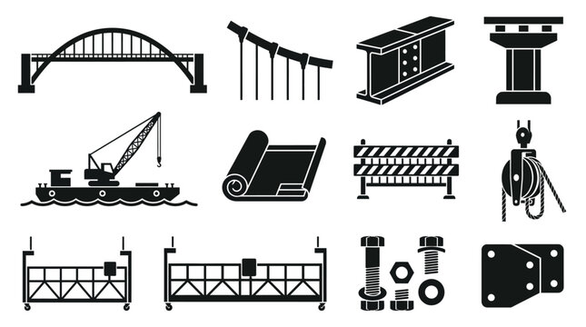 Silhouette vector icon set featuring bridge construction components  suspension cable  steel arch bridge  riveted beam joint  support pillar  construction barge  bridge blueprint roll  safety barrier 
