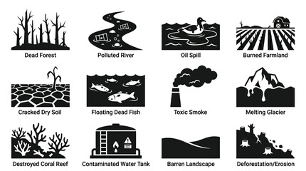 Obraz premium Silhouette vector icon set featuring environmental impacts after disaster