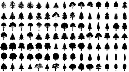 Collection of diverse black tree silhouettes arranged in a grid on a white background © Mitali