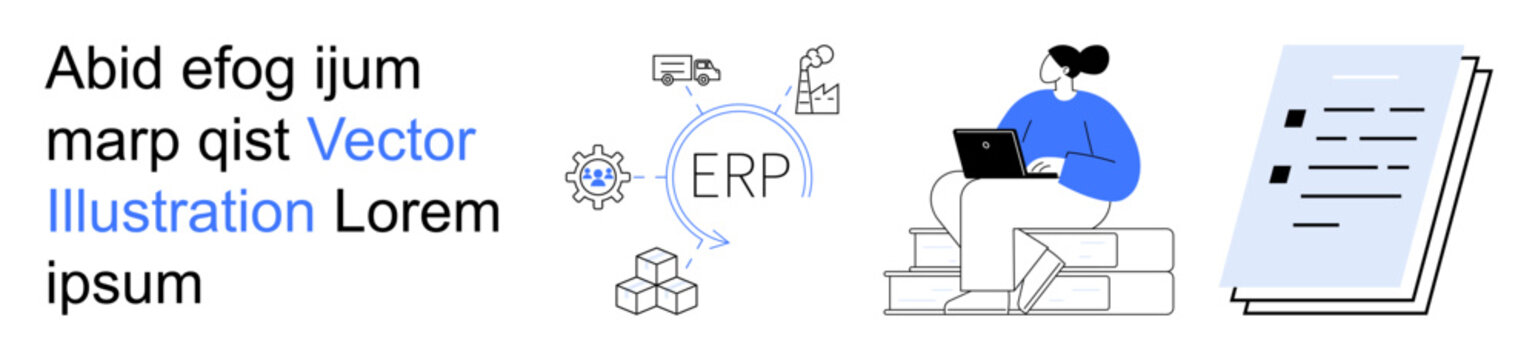 Business management, ERP systems, workflow efficiency, data processing, digital solutions, organization. Person working on a laptop alongside ERP icons and a document. Business management and ERP
