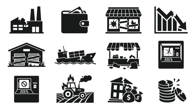 Silhouette vector icon set featuring economic disaster impacts  broken factory  empty wallet  shattered storefront  falling graph arrow  abandoned warehouse  damaged cargo ship  ruined market stall  b